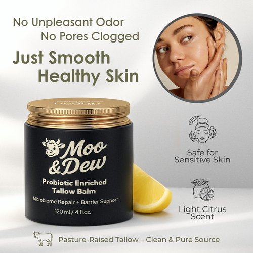 Beef Tallow for Skin & Face – Probiotic-Enriched Tallow Balm, Pasture-Raised Moisturizer with Citrus Extract, Hydrating Cream for Dry or Sensitive Skin, Gift Box & Bamboo Spatula Included (4 fl oz)