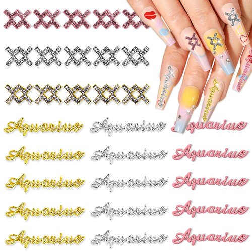 JERCLITY 30pcs Silver Gold Pink Alloy Aquarius Zodiac Nail Charms 15pcs Aquarius Sign Symbols 15pcs Constellation Words Nail Charms for Nails（Dates: January 21st to February 19th）