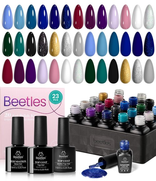 Beetles Gel Nail Polish Set Navy Blue Burgundy Purple Green Black Goloden Pink Gel Polish 20 Colors Celestial Collection Deep Color Nail polish Soak off UV LED DIY Salon Gift for Women