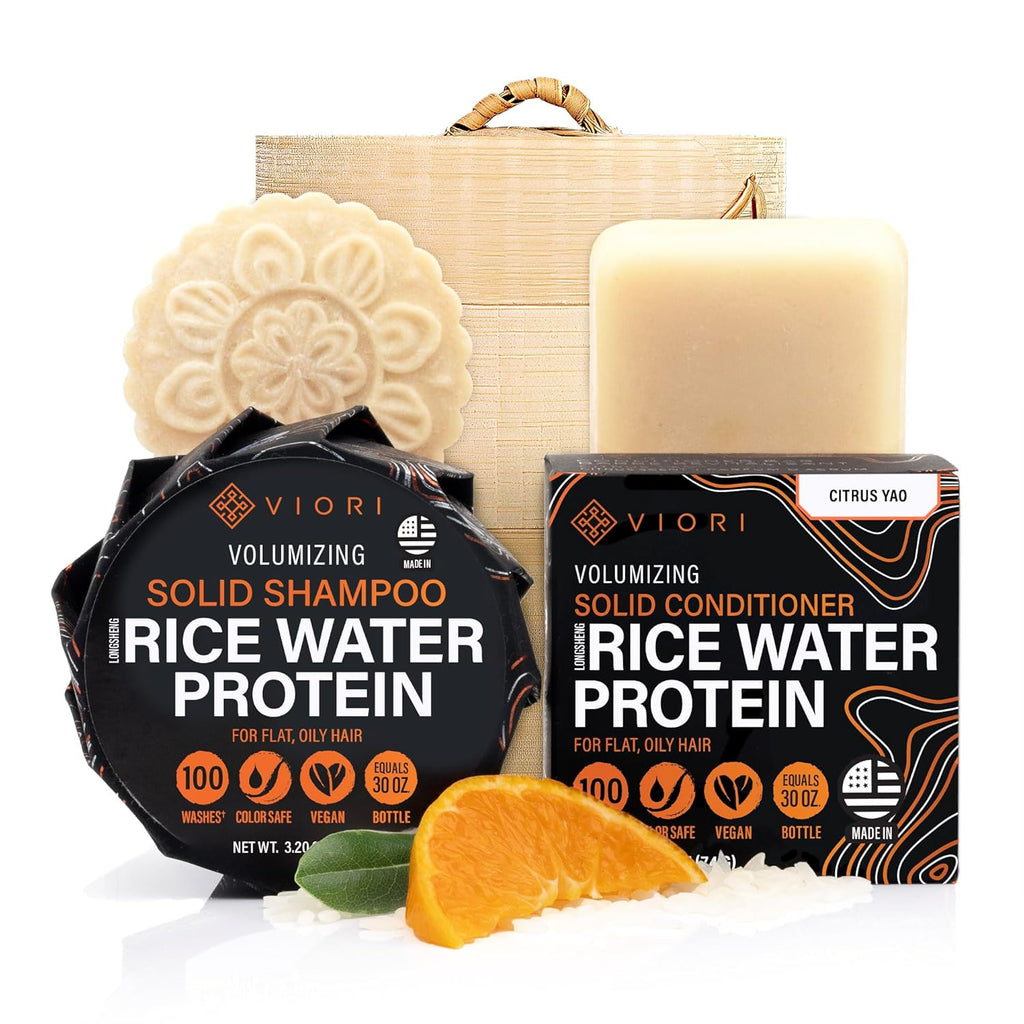 Viori Citrus Yao Shampoo & Conditioner Bar Set - Handcrafted Rice Water Formula for Hair Growth | Eco-Friendly Bamboo Holder