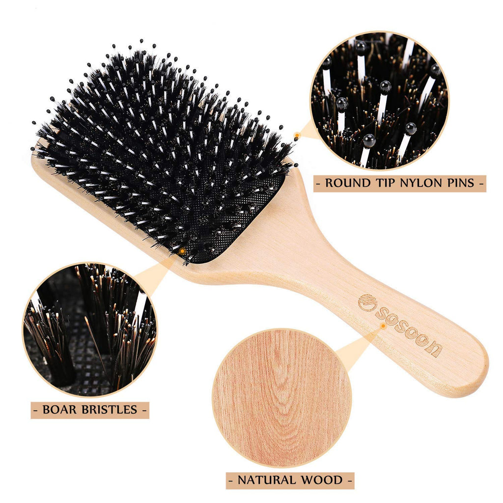 Sosoon Boar Bristle Paddle Hair Brush - Tangle-Free Styling for All Hair Types | Gift Box & Tail Comb Included