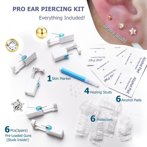 KRFY Ear Piercing Kit Sets, Disposable Stainless Steel Ear Piercing Gun with Preloaded Stud Earrings for Women, Self Pierce Studs Kit Tool, Flat Back Hoop Earrings Cartilage Jewelry One Gold Plated