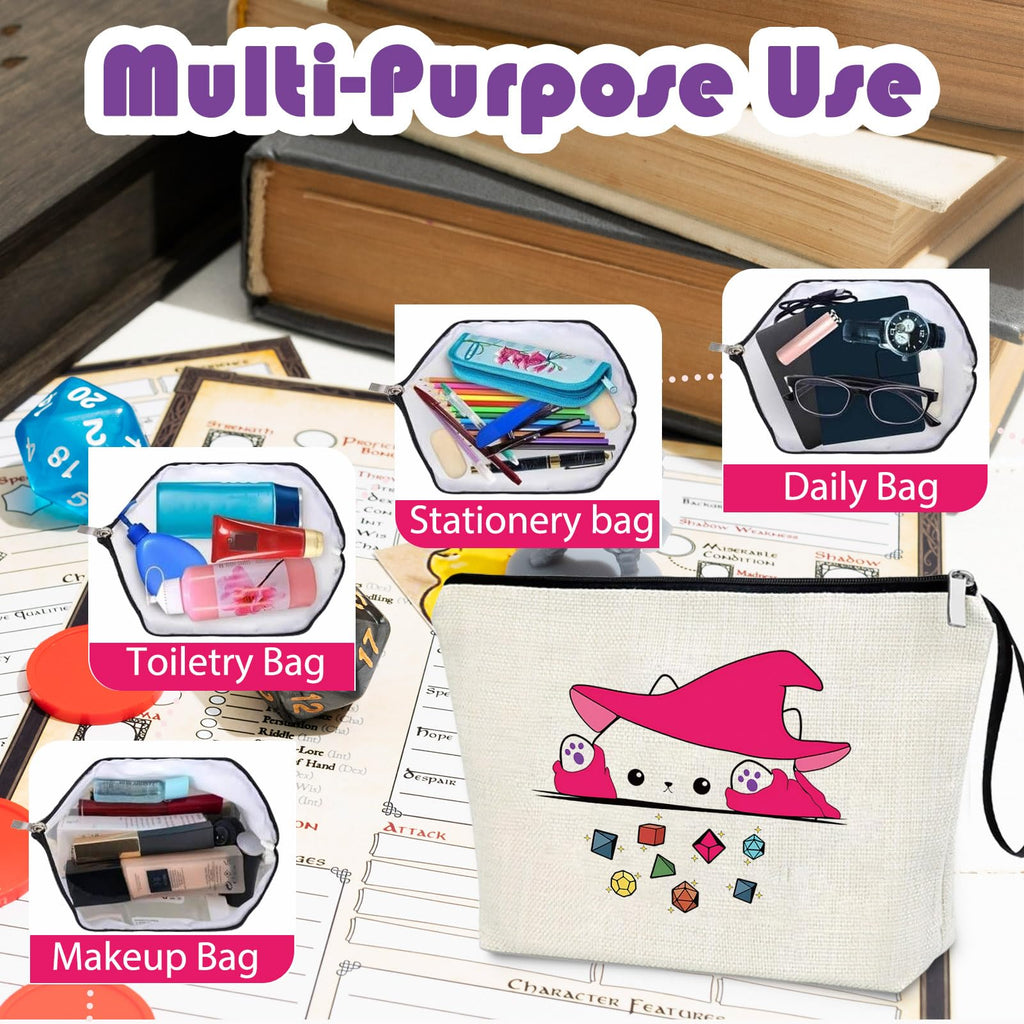 Virfuntaki DnD Gift Cat Throwing Dice Dungeon Master Gift DnD Holding Zipper Bag Cosmetic Pouch Gamer Dice Bag Tabletop RPG Tabletop Games Role Playing Decoration for Girl Women