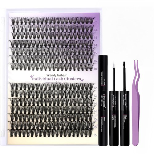 Lash Clusters Kit for DIY Eyelash: 280Pcs, Wendy, Using at Home, Ultra-light, Natural, Fluffy, Wispy, Waterproof, Anime, Manga, Cat Eye, D Curl, 12-16mm, 30D+40D, RR126