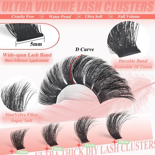 Lash Cluster 260D Full Volume Cluster Lashes Bold 12-18mm Mega Lash Clusters Supplies Wispy D Curve False Eyelashes Clusters Reusable DIY Salon Look Eye Lash Clusters Extension By Hiklasy