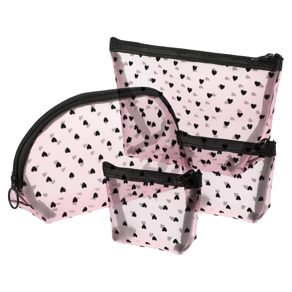 VOCOSTE 4pcs Heart Shape Print Mesh Makeup Bag, Makeup Bag Clear, Mesh Bags with Zipper, Clear Makeup Pouch Mesh Bags, Make Up Bags for Women, Pink
