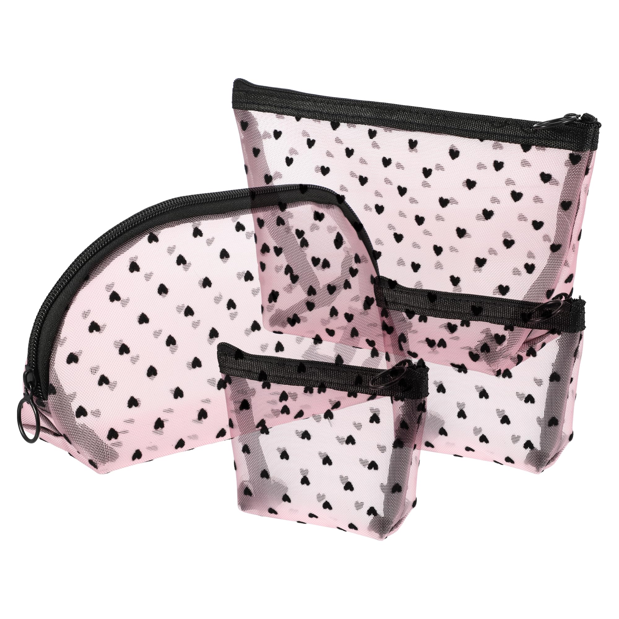 VOCOSTE 4pcs Heart Shape Print Mesh Makeup Bag, Makeup Bag Clear, Mesh Bags with Zipper, Clear Makeup Pouch Mesh Bags, Make Up Bags for Women, Pink