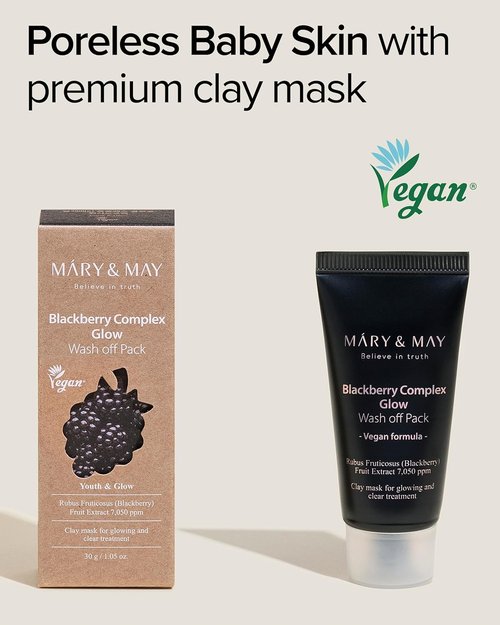 Mary&May Vegan Blackberry Glow Wash Off Mask - Pore Clearing & Anti-Aging Clay - 1.01oz Korean Skincare