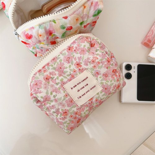 Sminra Floral Makeup Bag Small Travel Cotton Quilted Cosmetic Makeup Bag Organizer, Cute Coquette Aesthetic Zipper Portable Pouch Purse Toiletry Bag accessories