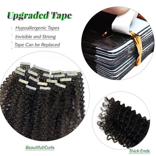 Kinky Curly Tape in Hair Extensions Human Hair, Natural Black Real Human Hair Tape ins for Black Women Double Sided 14 Inch Kinky Curly Hair Tape in Extensions 50g 20pcs