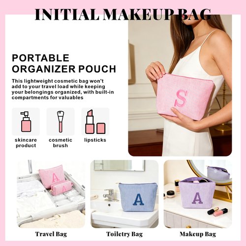 Fohufo Easter Basket Stuffers for Teens Girls - Initial Travel Makeup Bag for Girls, Teen Girl Gifts Trendy Basket Stuff, Easter Gifts for Teens Girls Women, Pink Make up Bag -Letter A
