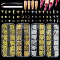 SILPECWEE 4000Pcs/4 Boxes 3d Metal Nail Art Studs Gold And Silver Nail Charms Rhinestones, Star Moon Ocean Theme Nails Design Rivet Stud Gem Jewelry Decoration Manicure Supplies