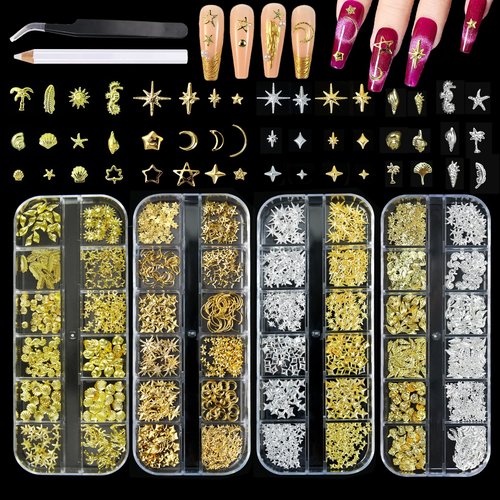 SILPECWEE 4000Pcs/4 Boxes 3d Metal Nail Art Studs Gold And Silver Nail Charms Rhinestones, Star Moon Ocean Theme Nails Design Rivet Stud Gem Jewelry Decoration Manicure Supplies