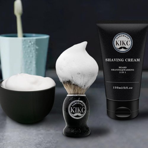 KIKC 5-In-1 Shaving Kit - Handcrafted Pure Badger Brush, Stainless Steel Bowl & Cream | Deluxe Black Gift Set for Bearded Men