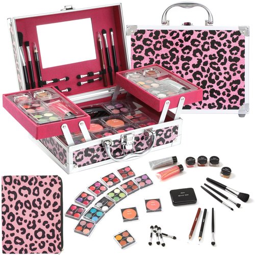 Anpro All-In-One Leopord Double Folding Makeup Kit with Case, Pro Teen Makeup Set, Full Starter Kit with Makeup Brushes, Lipsticks, Eyeshadow Palette, Blushes, Glitter Gel, Ideal Present for Girls