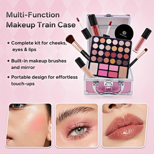 Skiennix Beginner Makeup Kit for Teens - 24-Color Eyeshadow Palette, Blush, Bronzer, Lipstick & Case (Pink)