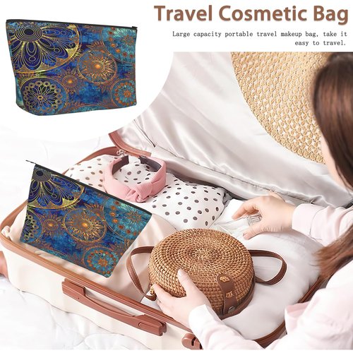 Makeup Bag Blue Gold Mandala Cosmetic Bags for Women Mini Portable Boho Flower Travel Toiletry Bag Organizer Make up Brushes Aesthetic Accessories Waterproof Storage Bags