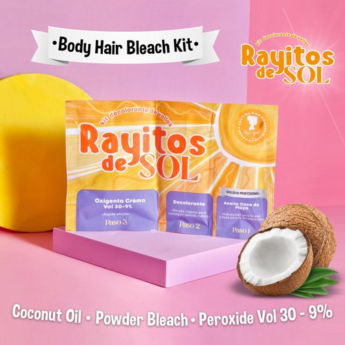 Rayitos de Sol Body Hair Bleach Kit with Coconut Oil Powder Bleach Peroxide Vol 30 - 9% Itch-Free | Legs Back Abdomen Arm Hair Bleach | Skin Protection and Nourishment