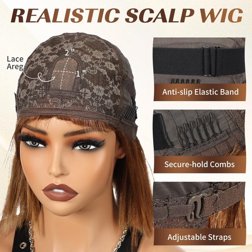 ELLORS 10 Inch Highlight Ombre Bob Wig Human Hair With Bangs Glueless 2x1 HD Lace Wigs, Short Wigs For Women Yaki Straight