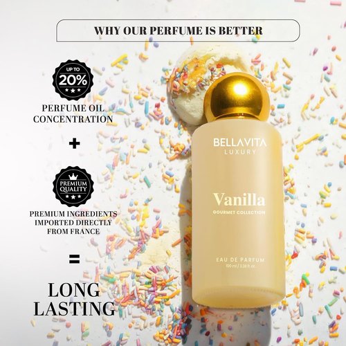 Bellavita Luxury Vanilla Eau de Parfum - Unisex Long-Lasting Fragrance | 100 ml (3.4 fl. oz.) | Gourmet Coconut & Vanilla Notes