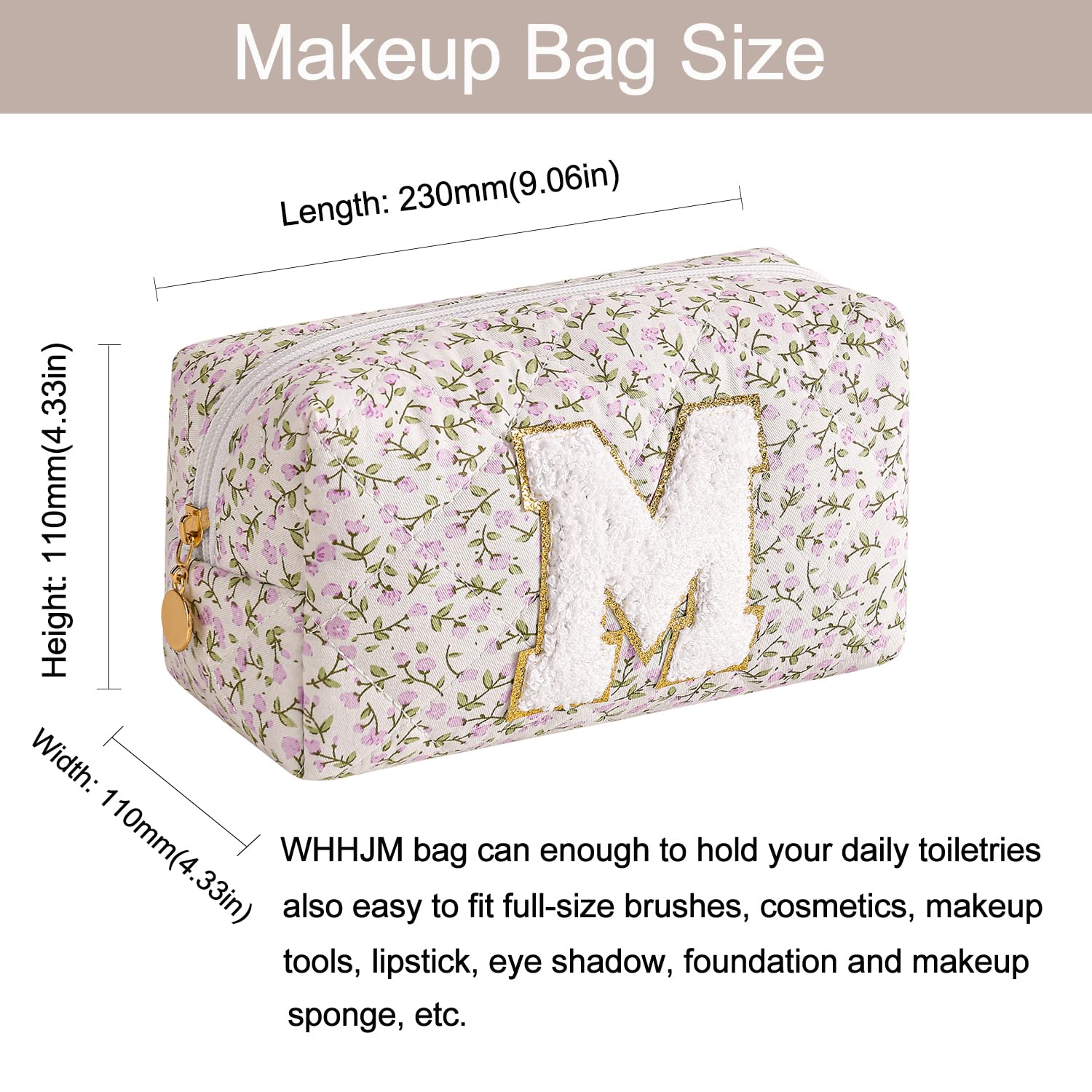 WHHJM Alphabet Makeup Bag Cosmetic Bag for Women, Christmas Gifts for Girls Age 11-18, Personalized Floral Coquette Travel Bag, Trendy Stuff Zipper Make Up Pouch Organizer Bag (Purple Floral ZM)