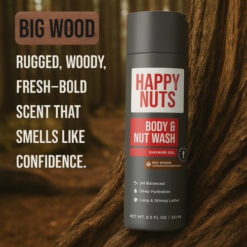HAPPY NUTS Big Wood Body and Nut Wash - Moisturizing Men's Shower Gel, Natural Bodywash with Deep Cleanse for Sensitive Skin - Men's Body Soap (8.5 Fl Oz (Pack of 1), Big Wood)