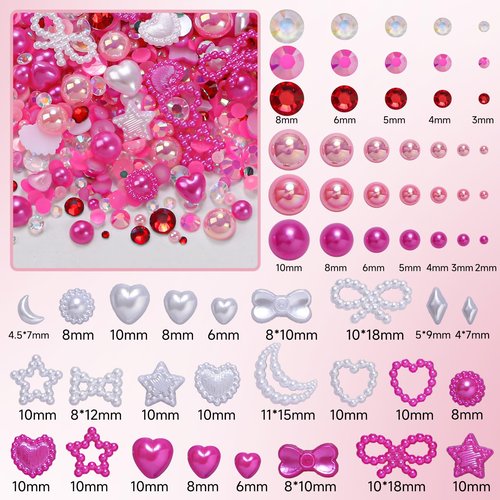 50g Dark Pink Flatback Rhinestones Pearls for Bedazzling, 3-8mm Flatback Rhinestone Gems, 2-10mm Pearls Beads, Moon Star Heart Bowknots Pearl Nail Charms for Crafts DIY Clothes Tumblers
