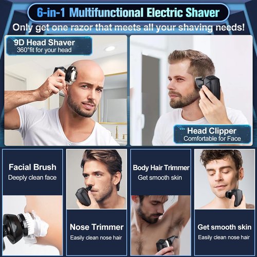 9D Head Shavers for Bald Men, Electric Razor for Men to Shave Fast with LED Display, Cordless Rechargeable, IPX7 Waterproof Wet/Dry Rotary Shaver Kit with Nose Hair Trimmer Shaver, Gift for Mens