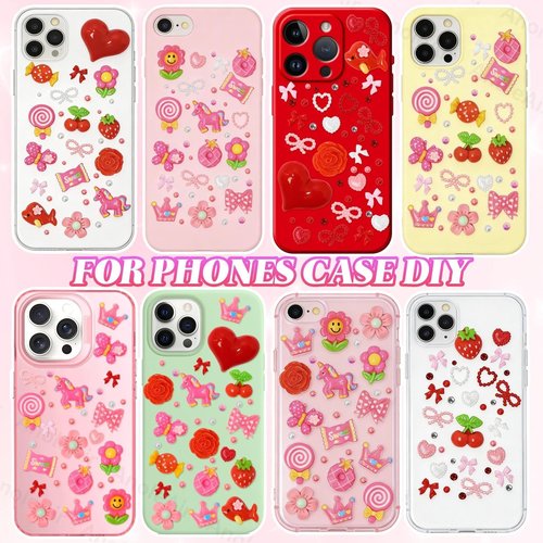 AnoleAir Junk Case Charms Kit, Pink Red Pearls Resin Rhinestones Bedazzling Kit, Cute Candy Bear Cartoon Phone Cases Charms, Junk Case with Big Charm for Crafts Nail Art DIY Accessories