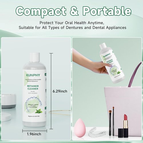 KUNPHY Ultrasonic Retainer Cleaner Solution Concentrate-Professional Cleaning of Retainers, Denture, Invisible Aligners, Mouth Guards, Night Guards, Remove Odors, Discoloration & Stains 8 oz(Mint)