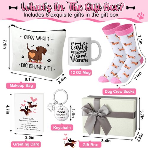 Jingmore 6 Pcs Dachshund Gift Set for Women Weiner Dog Makeup Bag Novelty Crew Socks 11oz Coffee Mug Dachshund Lover Basket Gift Set for Mom Daughter Mother's Day Birthday New Puppy Owners