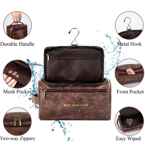 Flycalf Mens Toiletry Travel Bag Customized Mens Leather Toiletries Grooming Bag for Men Shaving Bag Hanging Water Resistant Organizer (Coffee)