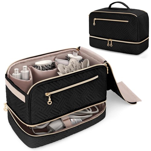 Teamoy Travel Carrying Case Compatible with Shark Flexstyle, Double-Layer Storage Bag for Shark Hyperair, Portable Travel Organizer for Dyson Airwrap Styler and Attachments, Black Quilted