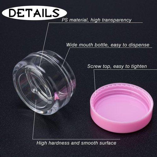 100 Count 5 Gram Sample Containers, Clear Lip Balm Containers with Lids, Small Plastic Sample Jars with 8 Mini Spoons, 100pcs Labels (Pink Lid)