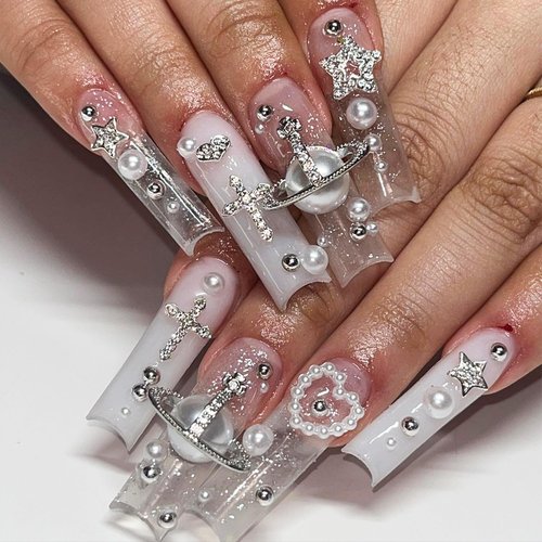 Namifin 48PCS Y2K Nail Charms and Gems 3D Silver Star Butterfly Planet Corss Nail Charms for Acrylic Nails Design Kawaii Nail Jewels for Nail Art