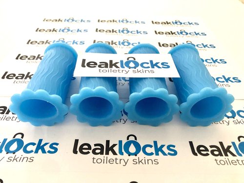 LeakLocks® Toiletry Skins™ Elastic Sleeve for Leak Proofing Travel Container in Luggage. For Standard and Travel Sized Toiletries. Reusable Accessory for Travel Bag Suitcase and Carry-on Luggage