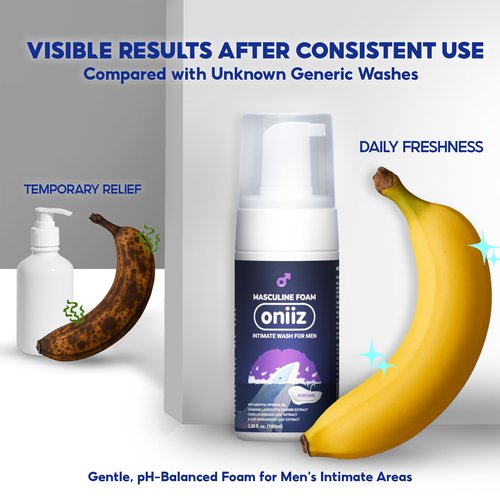 ONIIZ Masculine Foam Perfume Intimate Wash for Men, Triple-Barrier Intimate Defense - Prevents Odor & Itching, Natural Ingredients, pH Balance - Sweet & Alluring Aroma 3.38 fl. oz