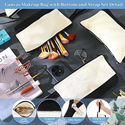 Silkfly 30 Pcs Cotton Canvas Makeup Bags Canvas Cosmetic Zipper 10.2 x 5.5 x 2 Inches Blank DIY Pouch Bag Bulk with Bottom Pencil Case Travel Toiletry Pouch for Women (Black,Beige)