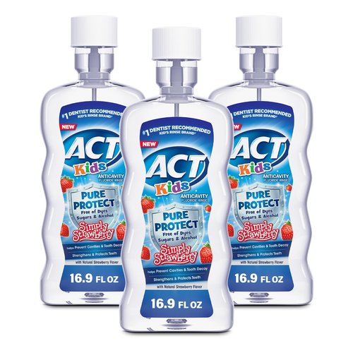 ACT Kids Anticavity Fluoride Mouthwash, Sugar & Alcohol Free Mouth Rinse Strengthens Teeth, Simply Strawberry, 16.9 fl. oz.(Pack of 3)