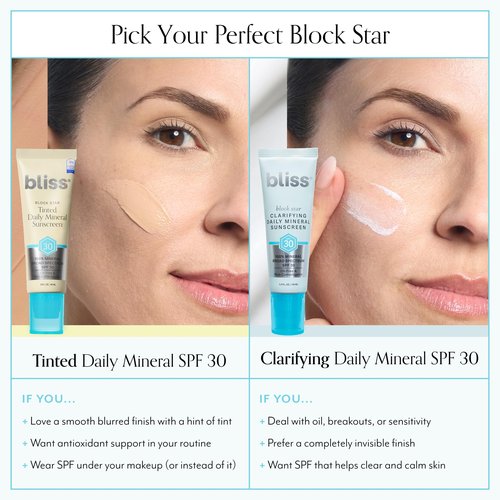 Bliss Block Star SPF 30 Daily Tinted Mineral Sunscreen with Zinc Oxide - All Skin Tones - 100% Mineral Broad Spectrum Sunscreen with Titanium Dioxide & Antioxidant Blend- 1.4 fl oz.