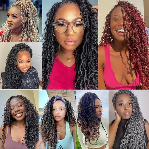 Goddess Locs Crochet Hair 18 Inch 7 Packs Boho Faux Locs Crochet Hair for Black Women Pre Looped Crochet Locs with Curly Ends (#1B)