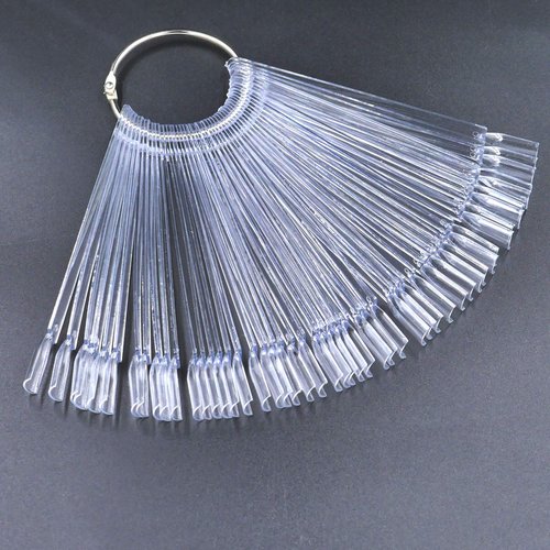 KRISMYA Set of 4 Total 200 Pcs Clear Nail Swatches Sticks, Transparent Fan-shaped Nail Art Tips Display Polish Board Display Practice Sticks Tool with Metal Split Ring Holder