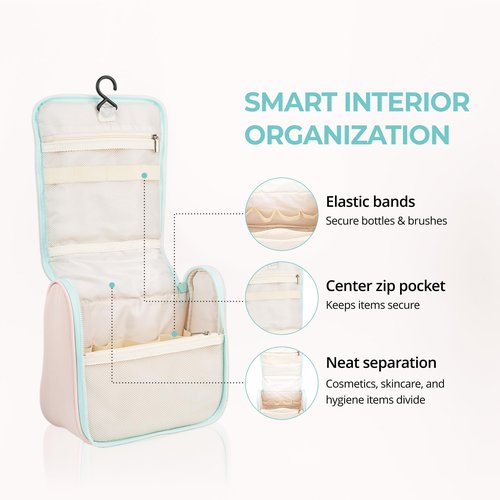 Sylune Tuck Hanging Toiletry Bag - Water-Resistant Travel Makeup Organizer with Spacious Compartments & Padded Handle for Women (Blush Petal & Mint) (Tuck Hanging Toiletry Bag)