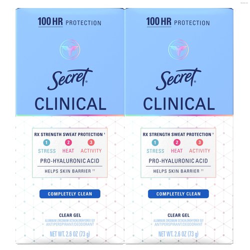 Secret Clinical Strength Antiperspirant Deodorant for Women, 100hr Sweat & Odor Protection, 3X Stress Protection with Hyaluronic Acid, Clear Gel, Completely Clean Scent, 2.6 oz (Pack of 2)