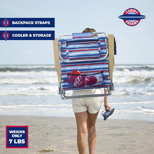 Tommy Bahama Folding Beach Chair - 5-Position Lay Flat Design, Aluminum Frame, Red, White & Blue Stripe