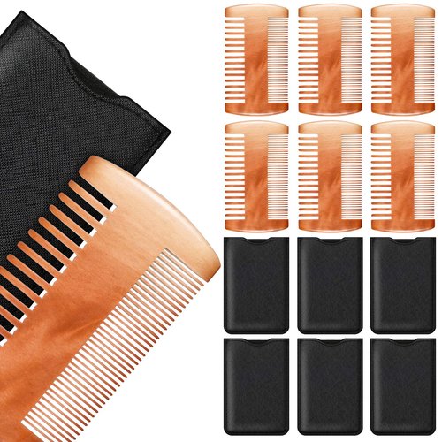 Natural Sandalwood Dual Action Beard & Moustache Combs with Faux Leather Cases (6 Pieces, Yellow)