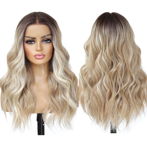LuxeMelan Ash Blonde Balayage Blonde Lace Front Wig, Middle Part 20 Inch HD Lace Wig, Dark Brown to Golden Blonde Highlight M Hairline Natural Fit Natural Wavy Ombre Synthetic Heat Resistant Fiber