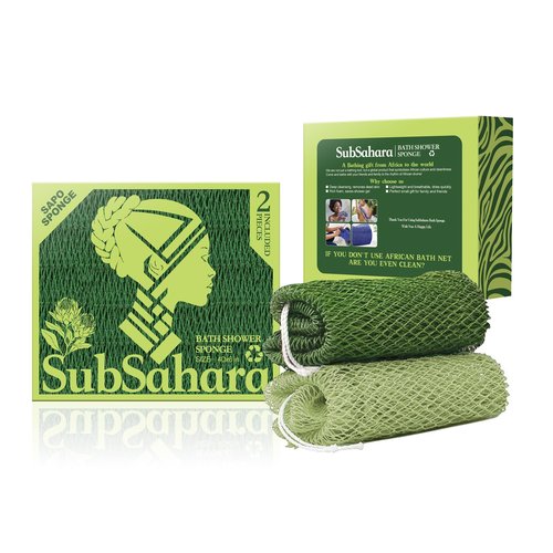 SubSahara Authentic African Net Sponge - 2 Pack Exfoliating Bath & Shower Loofah Sponge for Body & Face, Gentle Scrubber for All Skin Types, Travel, Durable (Olive Green & Light Green)