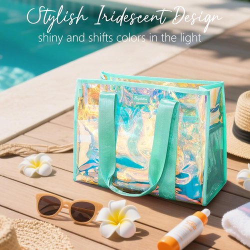 Bagstellar Iridescent Beach Tote Bag - Large Waterproof & Sandproof with Makeup Pouch | Adjustable Strap, Packable Travel Essential for Women