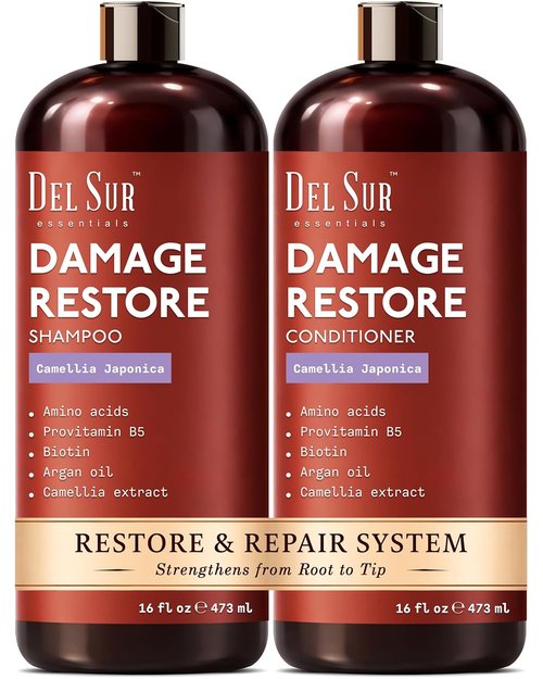 DEL SUR Hair Repair Shampoo & Conditioner Set - Moisturizing & Damage Repair | 16 fl oz Each | Infused with Camellia Japonica, Amino Acids, Biotin & Argan Oil